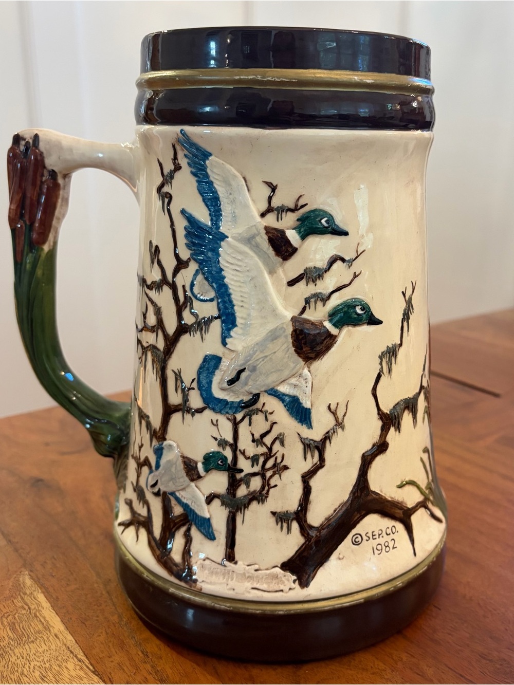 Vintage 1982 Norman Rockwell Wood Ducks Ceramic Stein Vase Cabincore Planter 9.5